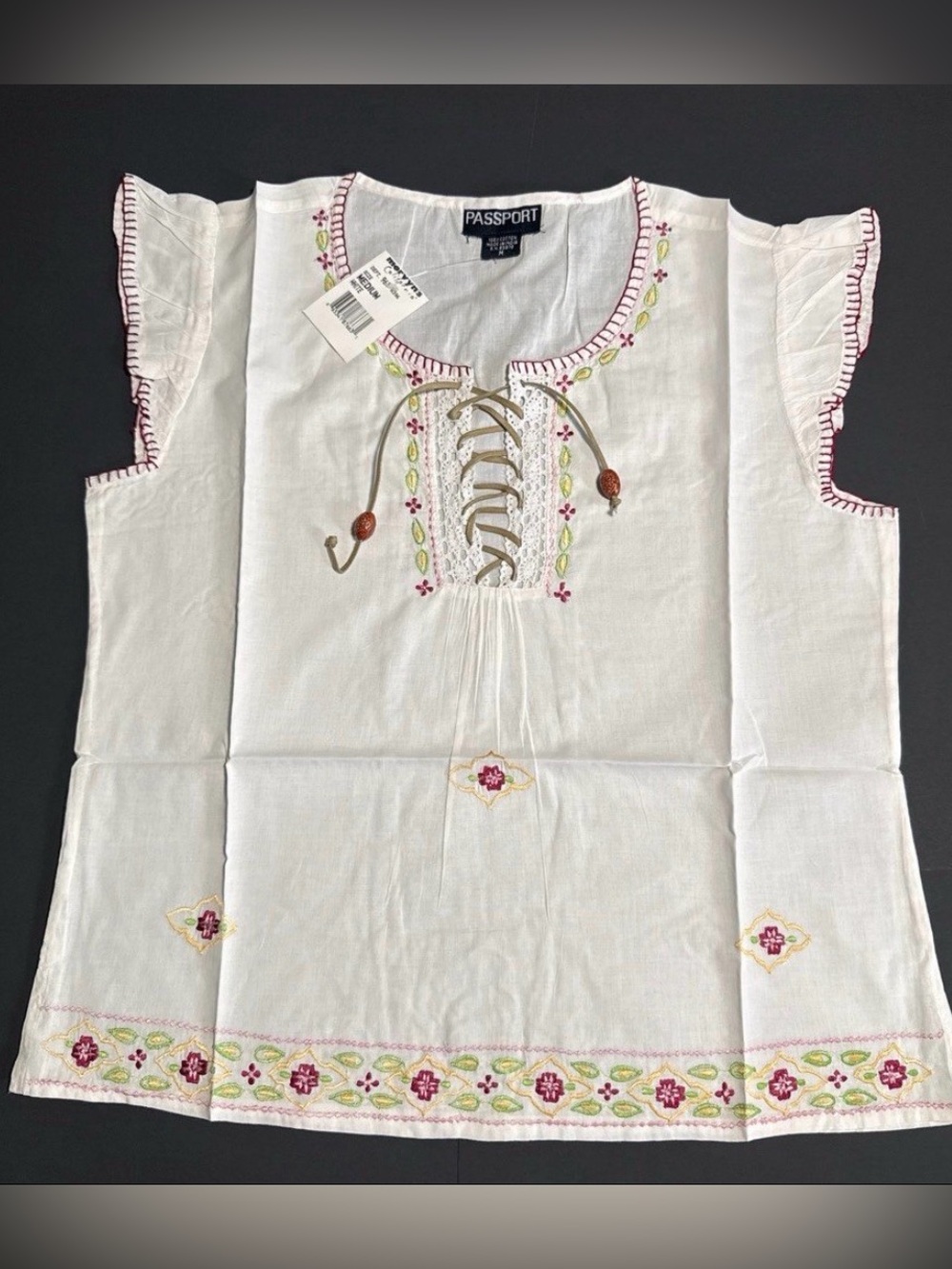 NWT VTG Passport Boho Embroidered Cotton Lace-Up Tunic Top Blouse Medium White